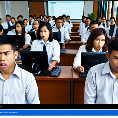 Home 4 ** Thai office workers participating in a phishing simulation exercise. Focus on the reactions of confusion and realization. The email shown on the screen should be in Thai, appearing to be from a local Thai bank.
**