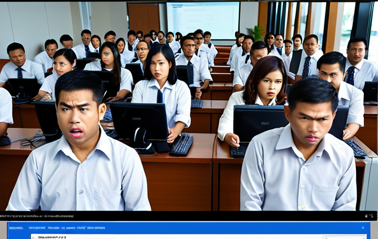 ** Thai office workers participating in a phishing simulation exercise. Focus on the reactions of confusion and realization. The email shown on the screen should be in Thai, appearing to be from a local Thai bank.

**