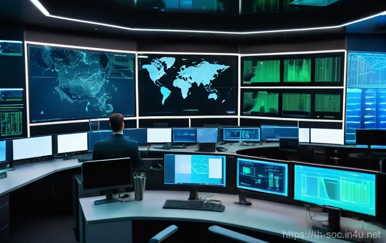 보안관제센터 초보자 가이드 - **Prompt:** A dynamic, wide-angle shot of a cutting-edge Security Operations Center (SOC) during a c...