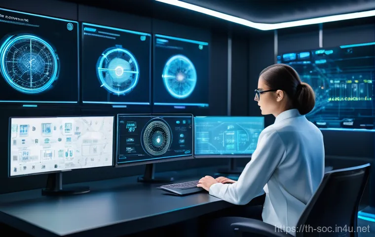 보안관제센터 초보자 가이드 - **Prompt:** A close-up, action-oriented scene inside a bustling Security Operations Center (SOC). Tw...