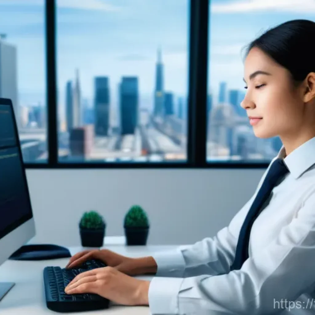 보안관제센터 근무 스트레스 관리법 - A serene young adult, dressed in a professional but comfortable work uniform, is taking a mindful br...