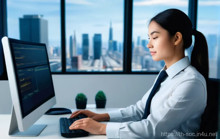 보안관제센터 근무 스트레스 관리법 - A serene young adult, dressed in a professional but comfortable work uniform, is taking a mindful br...