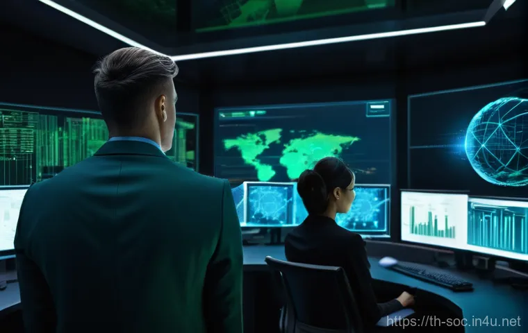 보안관제센터 인턴십 경험 후기 - **Prompt:** "A diverse team of skilled cybersecurity analysts, both male and female, in a high-tech,...