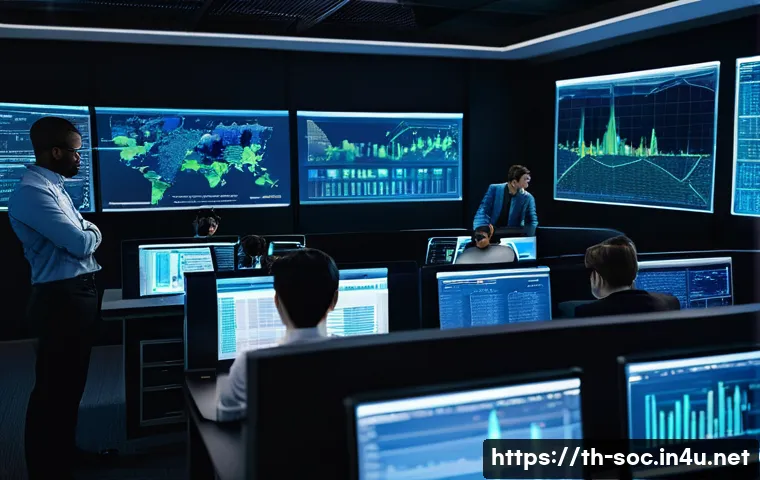 보안관제센터 필수 기술 트렌드 - **Prompt:** An advanced Security Operations Center (SOC) environment, bustling with activity. In the...
