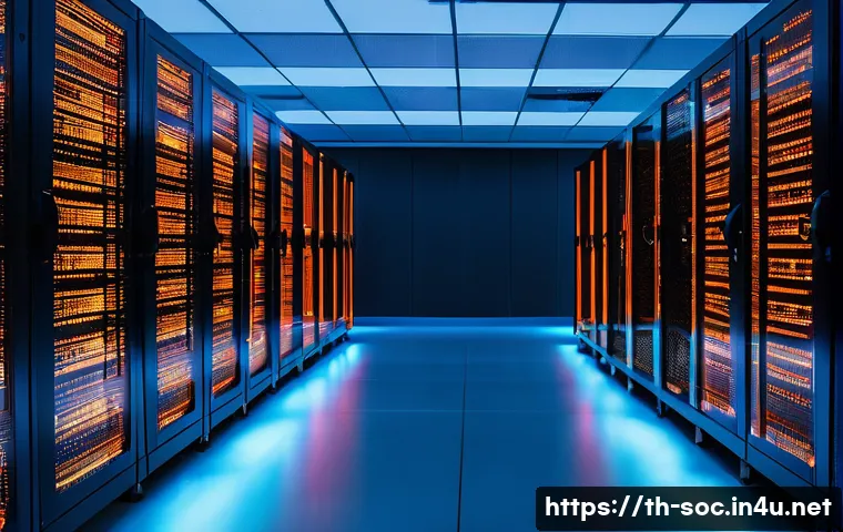 보안관제센터의 최신 위협 트렌드 - **Prompt:** A high-tech corporate data center, bathed in cool blue and white light, representing a s...