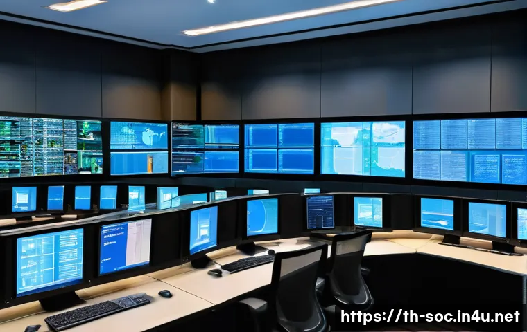 보안관제센터 시스템 설정 체크리스트 - A modern Security Operations Center (SOC) room in Thailand, featuring high-performance servers and a...