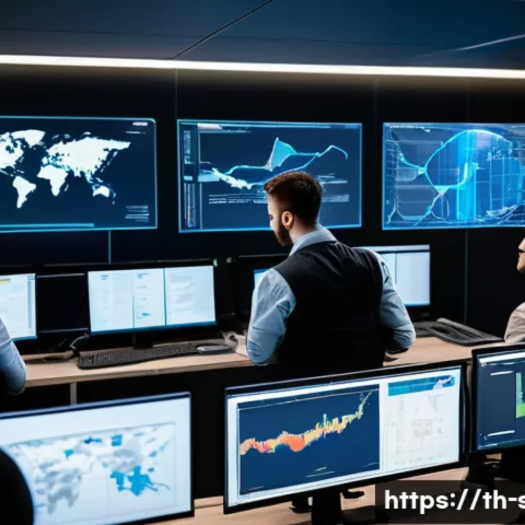 보안관제센터 침해사고 사례 분석 - A modern cybersecurity operations center (SOC) room filled with diverse professionals actively monit...