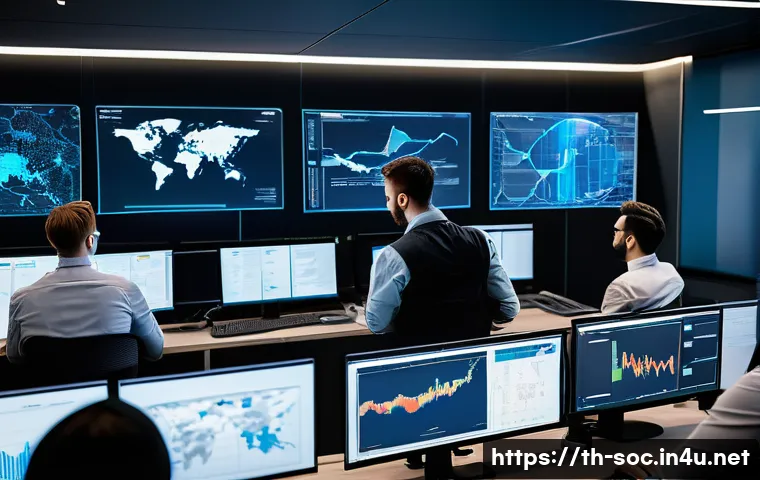 보안관제센터 침해사고 사례 분석 - A modern cybersecurity operations center (SOC) room filled with diverse professionals actively monit...