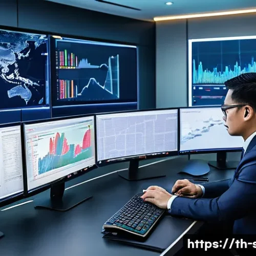 보안관제센터 관련 산업별 보안 요구사항 - A high-tech financial security operations center (SOC) room in Bangkok, Thailand, with diverse Thai ...