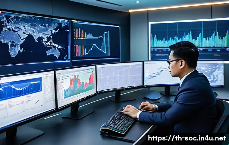 보안관제센터 관련 산업별 보안 요구사항 - A high-tech financial security operations center (SOC) room in Bangkok, Thailand, with diverse Thai ...