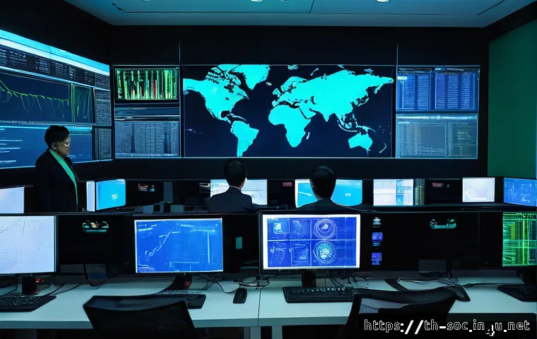 보안관제센터 운영 리스크 관리 - A modern corporate cybersecurity operations center in Bangkok, Thailand, with a diverse team of IT p...