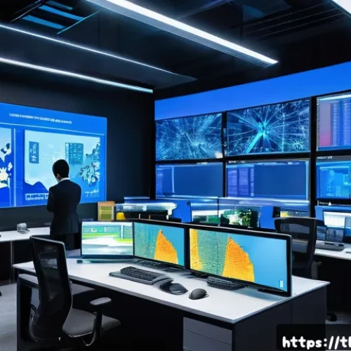 보안관제센터에서의 네트워크 설계 사례 - A high-tech network control center interior showcasing multiple secure network zones separated by tr...