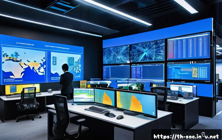 보안관제센터에서의 네트워크 설계 사례 - A high-tech network control center interior showcasing multiple secure network zones separated by tr...