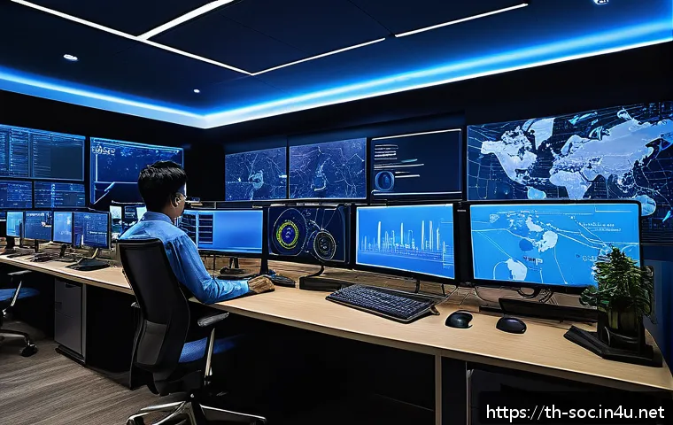 보안관제센터 실무 지식 정리 - A high-tech Security Operations Center (SOC) team actively monitoring cyber threats in a modern offi...