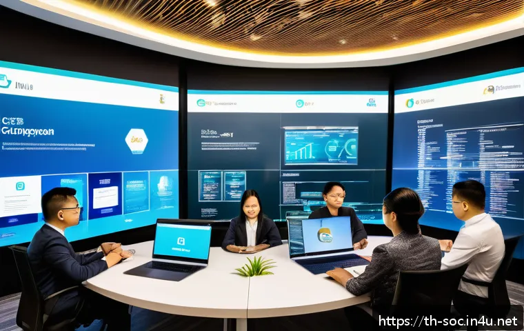 보안관제센터 자격증 비교 CISSP CISM CEH 등 - A professional office scene in Bangkok featuring a diverse group of Thai cybersecurity specialists c...