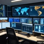 Home 23 보안관제센터와 DevSecOps 협업 사례 - A modern cybersecurity operations center (SOC) room with diverse professionals collaborating intense...