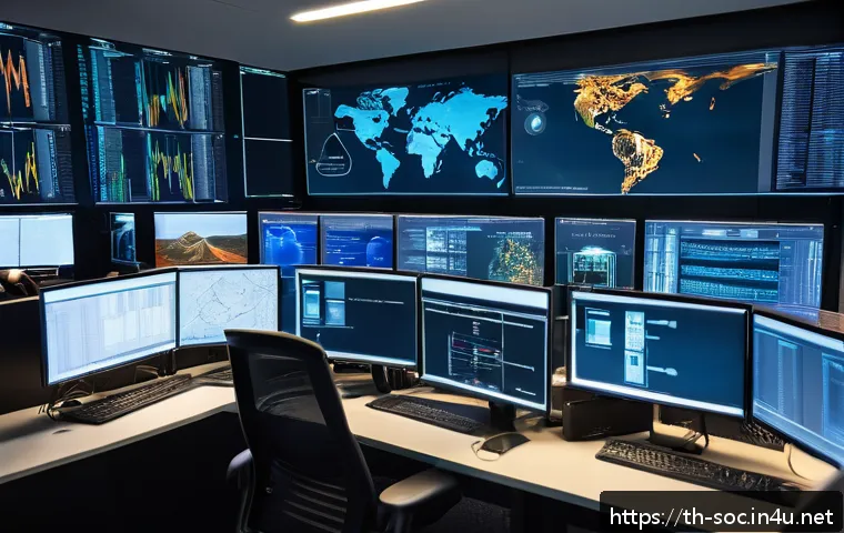 보안관제센터와 DevSecOps 협업 사례 - A modern cybersecurity operations center (SOC) room with diverse professionals collaborating intense...
